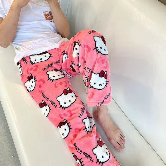 Hello Kitty Pajamas Black Anime Flannel Women Warm Woolen Whitecartoon Casual Home Pants Autumn Fashion Trousers Gifts